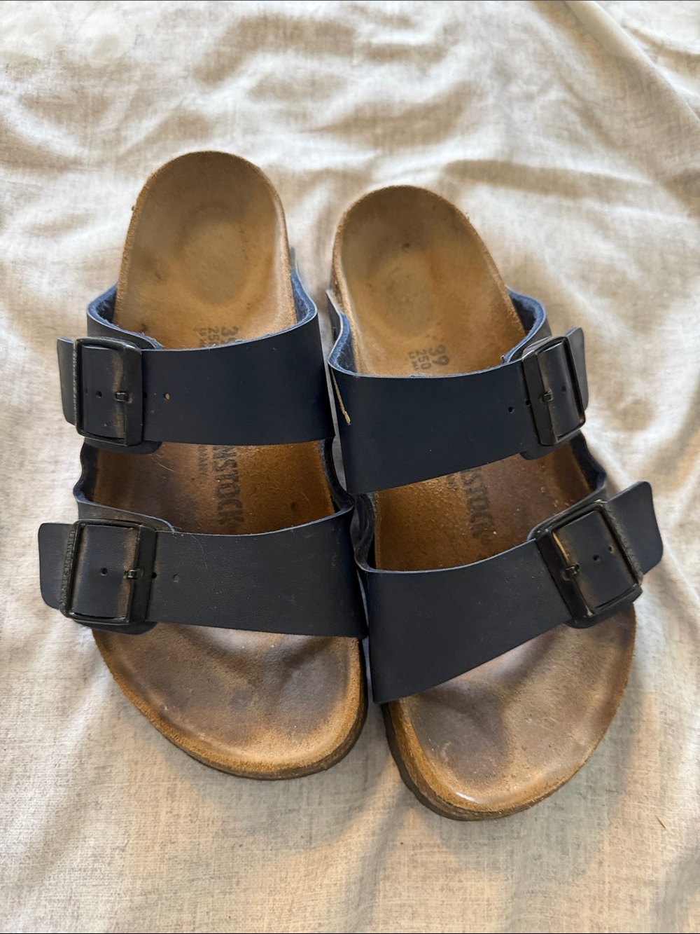 Birkenstock Double Strap Slides in Navy Blue with Black Buckles